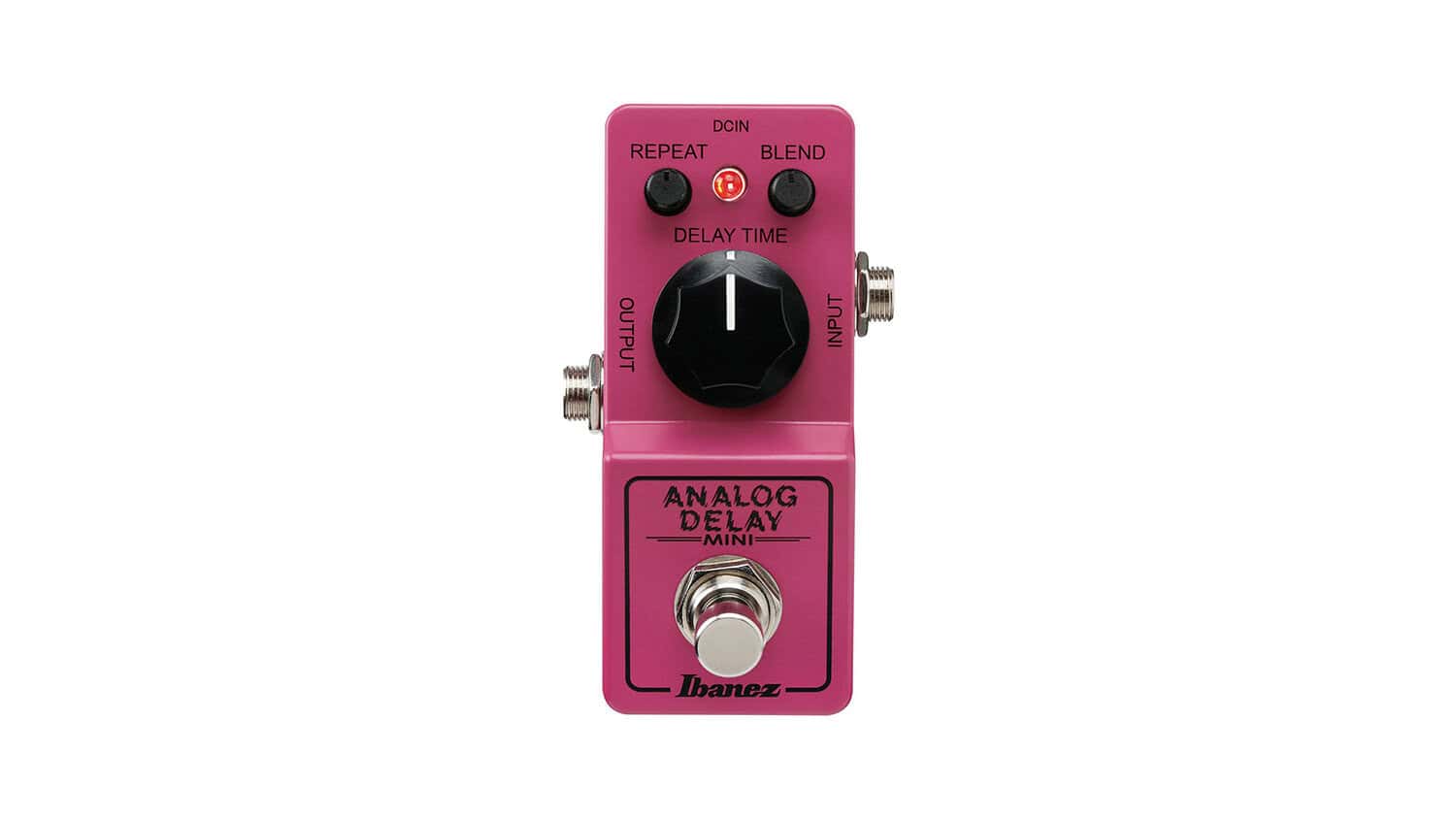 Ibanez Analog Delay Mini top shot with small pink metal enclosure, one large control knob and two smaller knobs, and LED