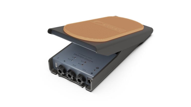Lehle Active Mono Volume Pedal angled shot with grey enclosure, inputs and outputs, and tan foot grip