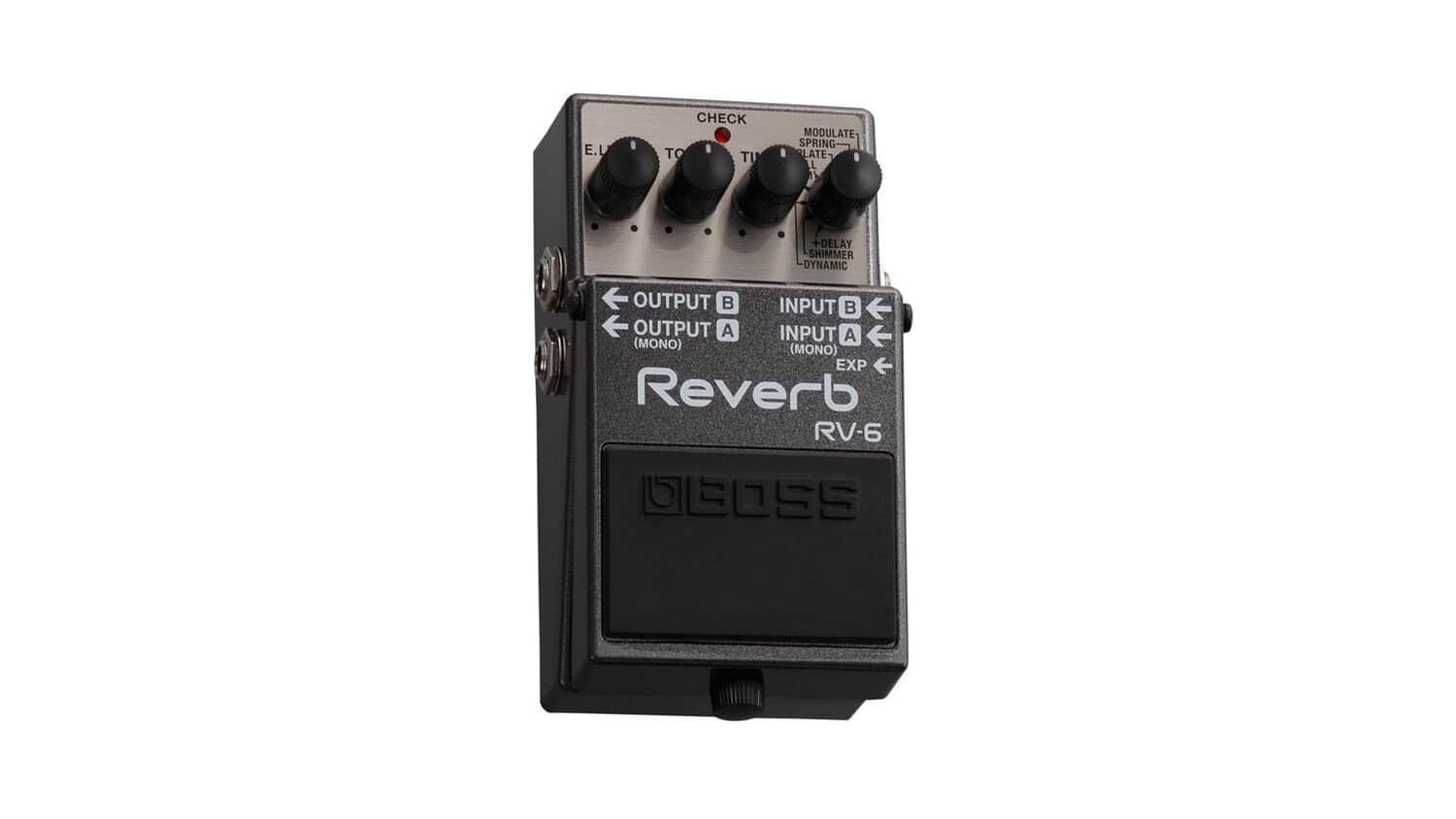 boss rv-6 reverb angled top shot with grey enclosure, four black control knobs, and BOSS labeling