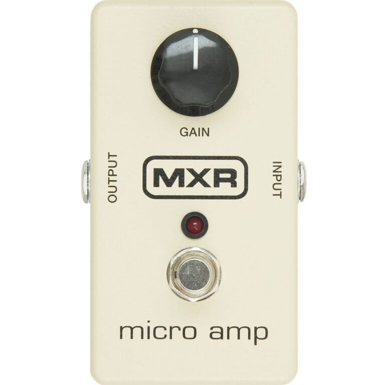 micro amp top shot with white enclosure, single black gain knob, and footswitch