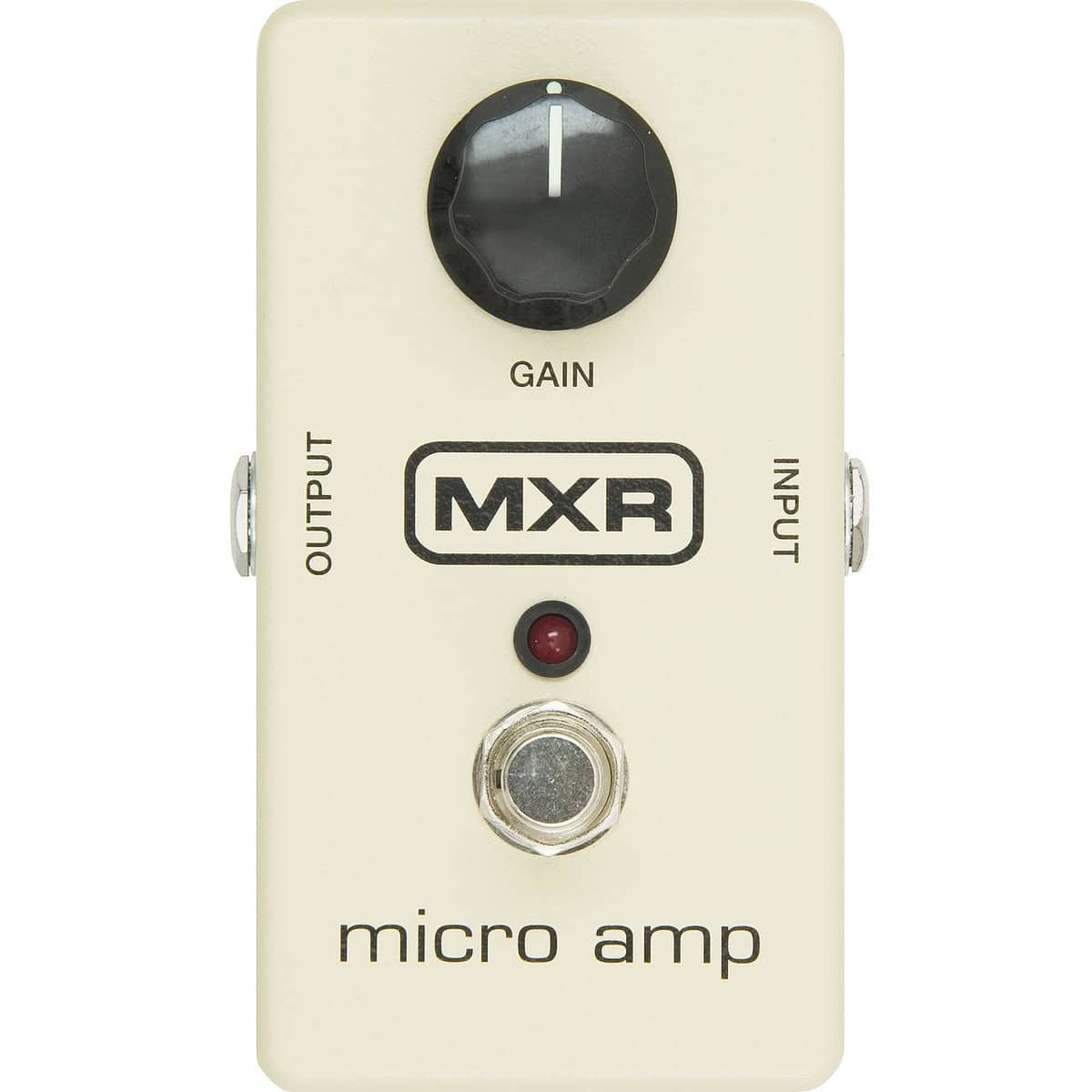 micro amp top shot with white enclosure, single black gain knob, and footswitch