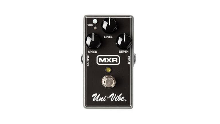 mxr m68 univibe top shot with black enclosure, three black control knobs, footswitch, and MXR logo