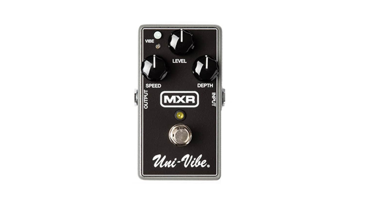 mxr m68 univibe top shot with black enclosure, three black control knobs, footswitch, and MXR logo