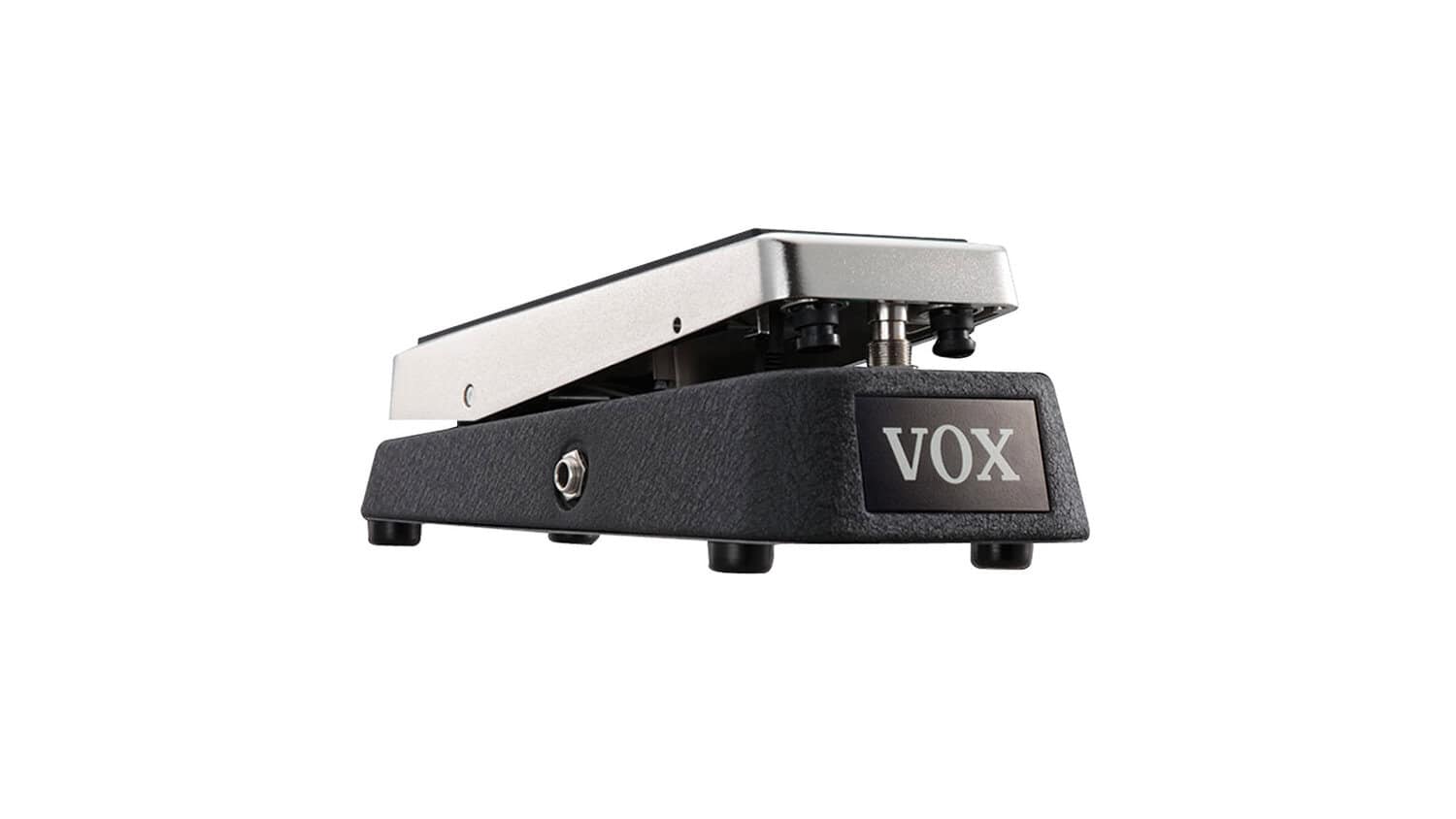 vox wah angled side shot with black base, silver treadle, and VOX logo