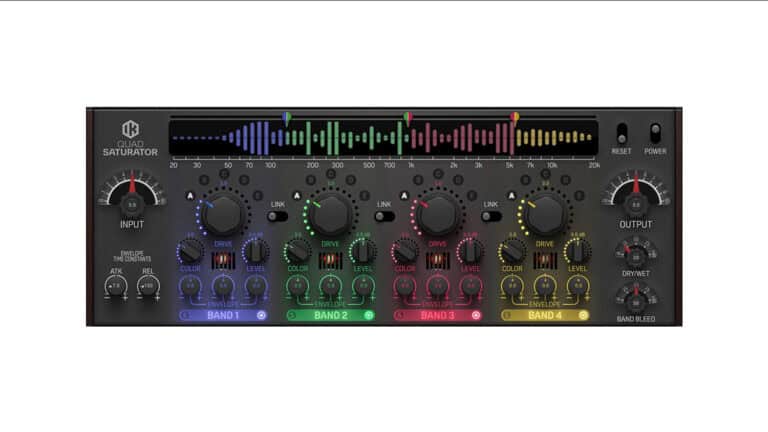 IK Multimedia Quad Saturator GUI image with color-coded frequency bands, controls, and metering