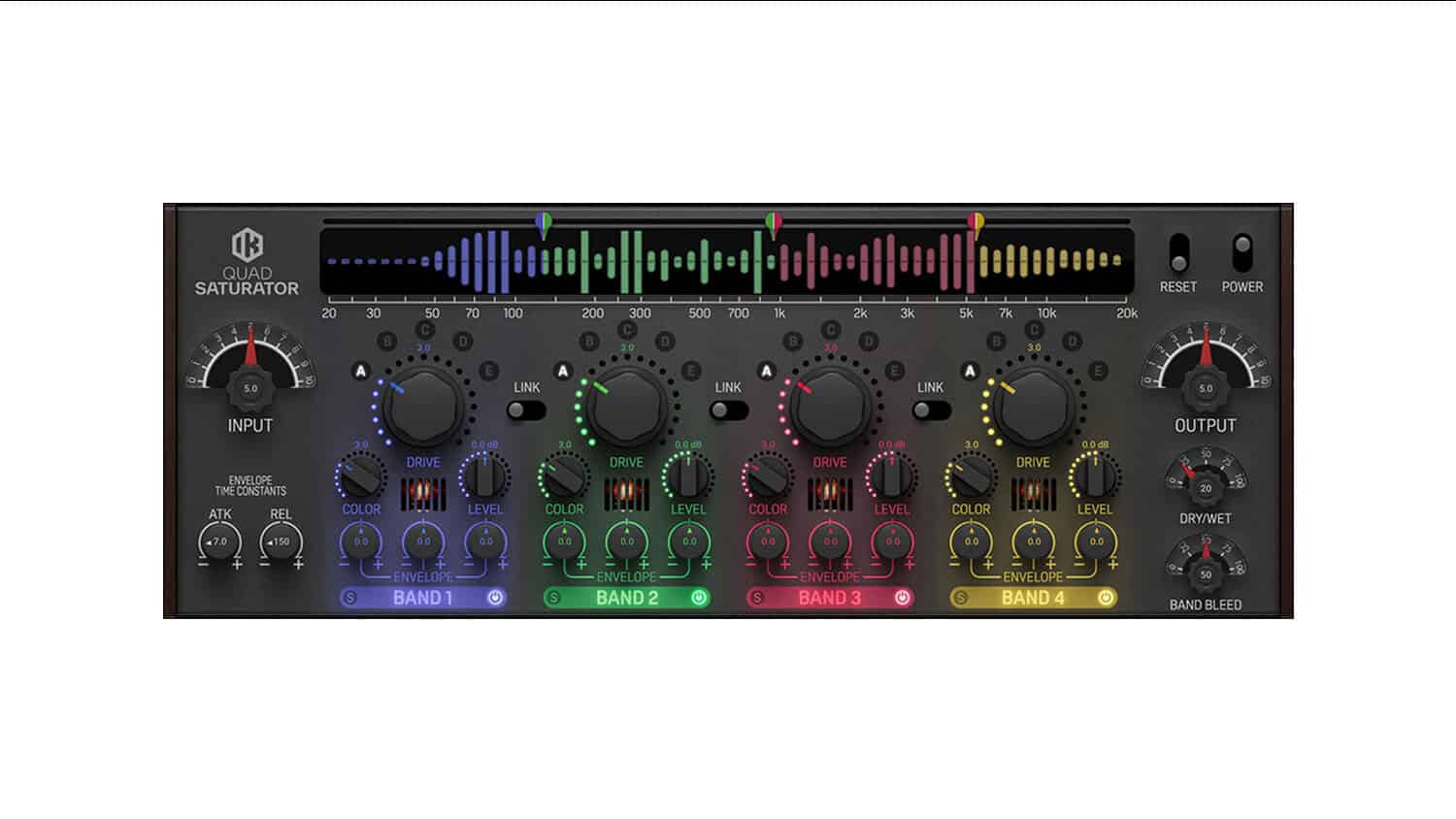 IK Multimedia Quad Saturator GUI image with color-coded frequency bands, controls, and metering