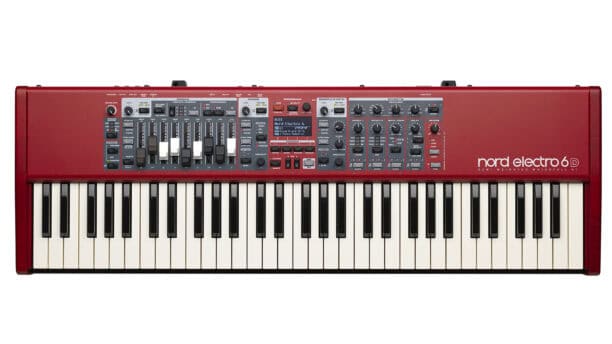 Nord Piano 6 top shot with red housing, keybed, and control parameters