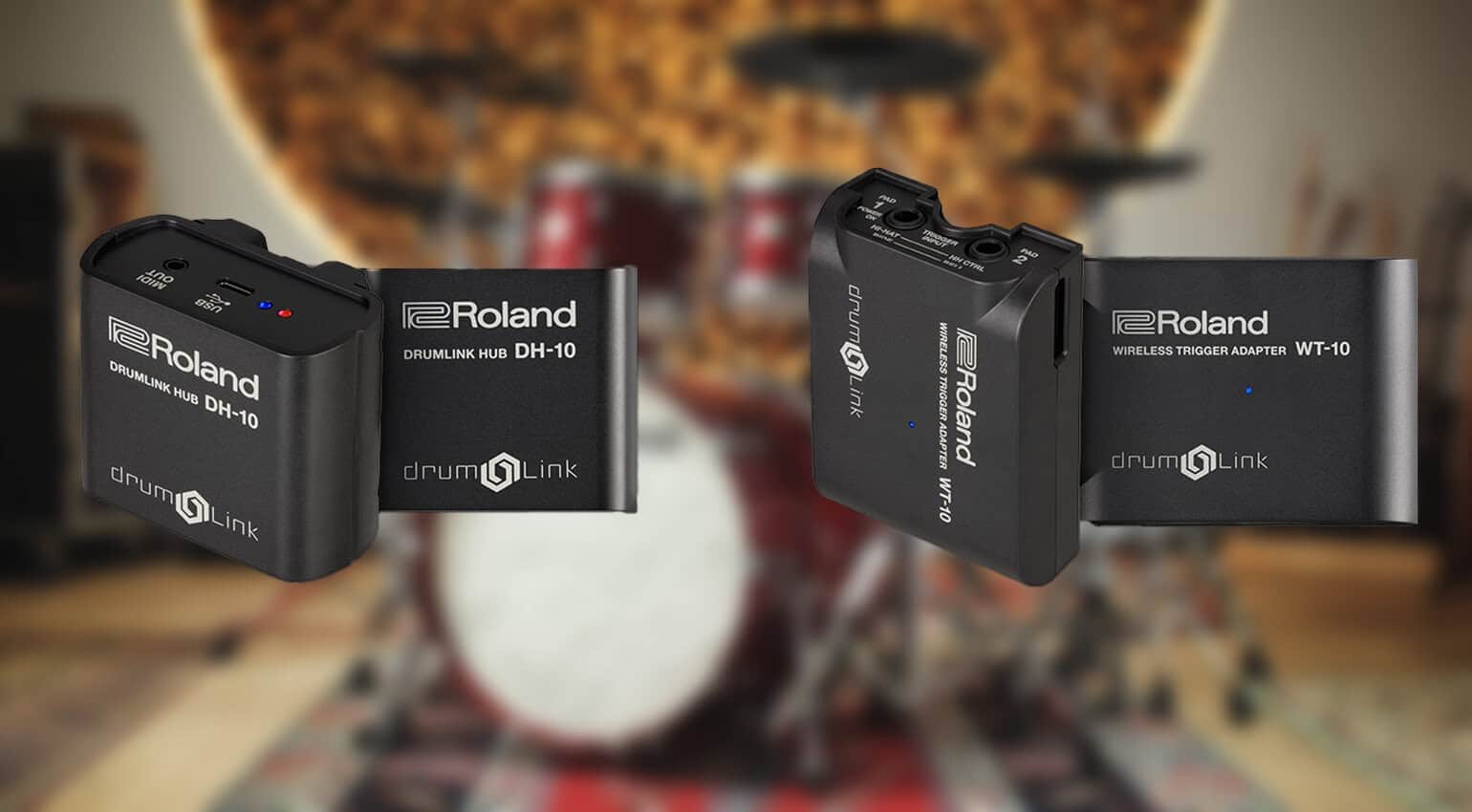 Roland wireless drum triggers on a background with a drum kit. 