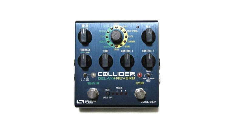 Source Audio Sa263 Collider Stereo Delay top shot with control knobs and dual footswitches