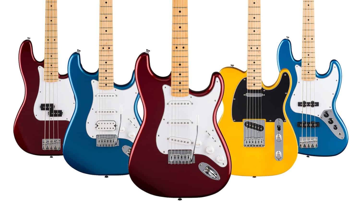 Fender Standard Series guitars lined up on a white background. 