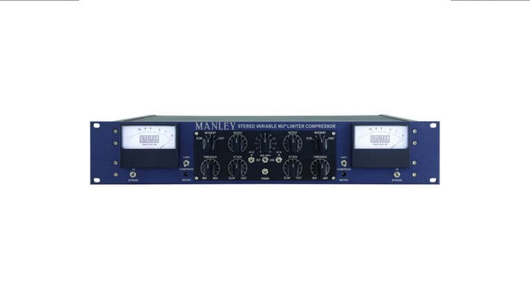 universal audio variable mu compressor limiter front shot with blue faceplate, black control knobs, dual Vu meters