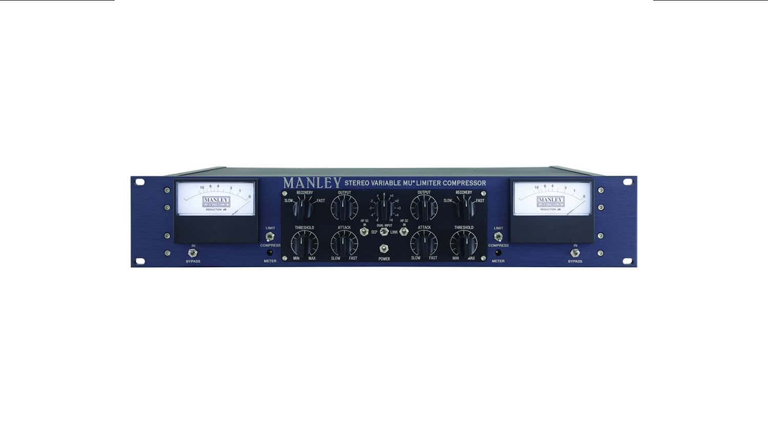 universal audio variable mu compressor limiter front shot with blue faceplate, black control knobs, dual Vu meters