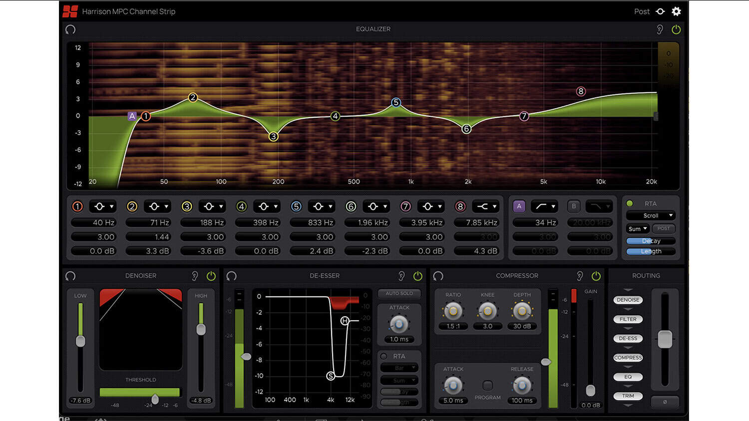 harrison consoles mpc channel strip plugin GUI with EQ section featured