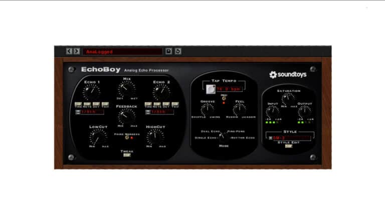 Soundtoys EchoBoy 5 screenshot of GUI with controls, metering, and digital wood paneling