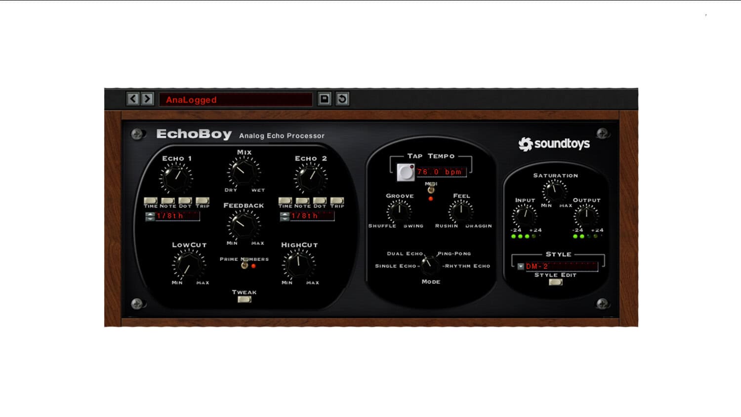 Soundtoys EchoBoy 5 screenshot of GUI with controls, metering, and digital wood paneling