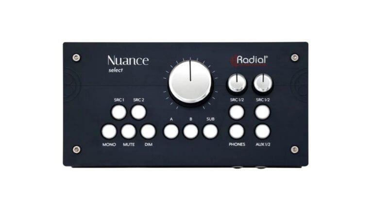 radial engineering nuance front panel shot with white control knobs and buttons, large main volume knob