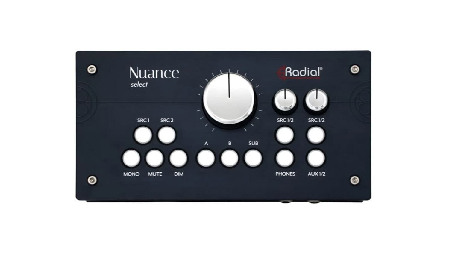 radial engineering nuance front panel shot with white control knobs and buttons, large main volume knob