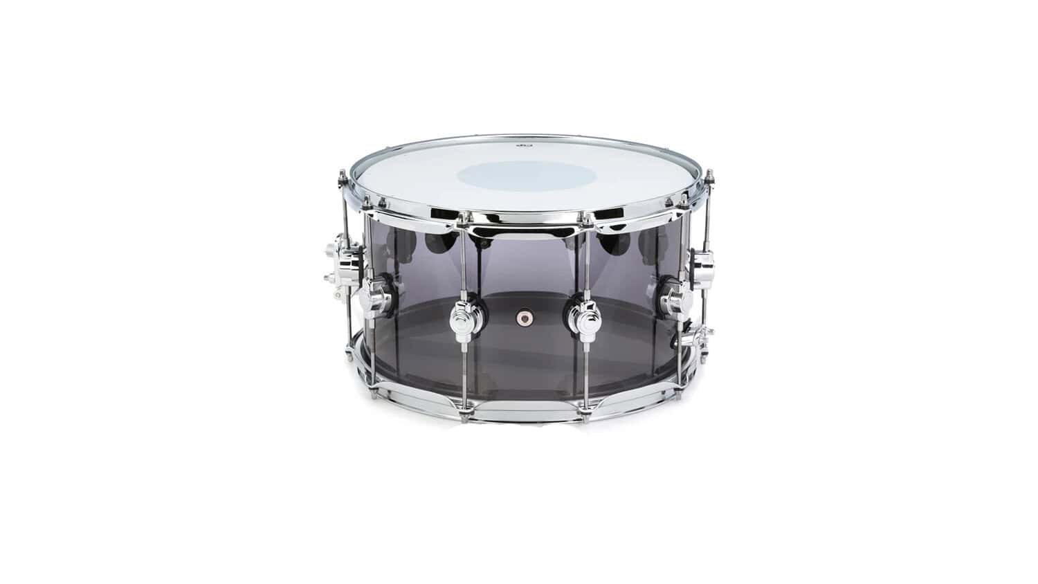 DW Design Series Acrylic Snare Drum side shot with see-through shell, drumheads, and hardware
