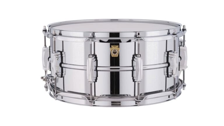 Ludwig Supraphonic LM402 side shot with metal shell, lugs, hoops