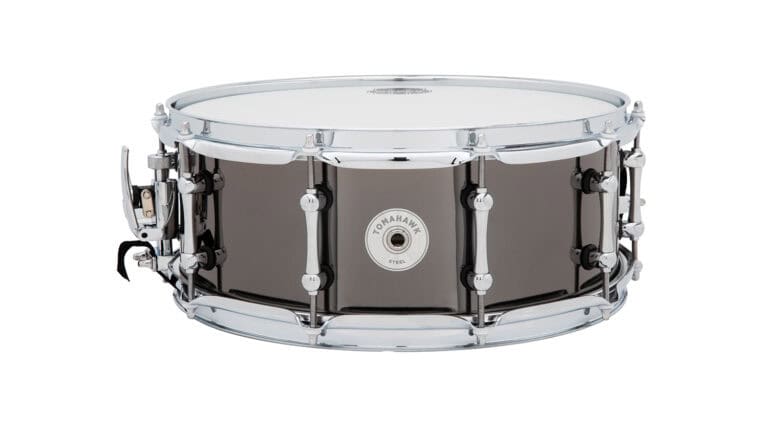 Mapex Armory Series Tomahawk side shot with grey shell, hoops, lugs, and throw-off