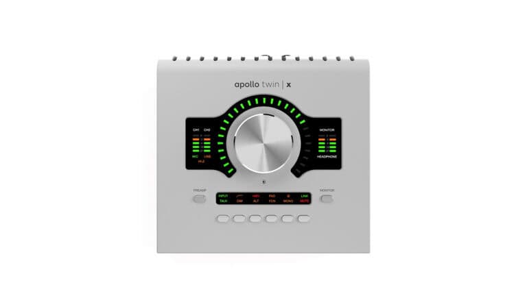Universal Audio Apollo Twin X QUAD Gen 2 top shot with metering and controls with grey enclosure