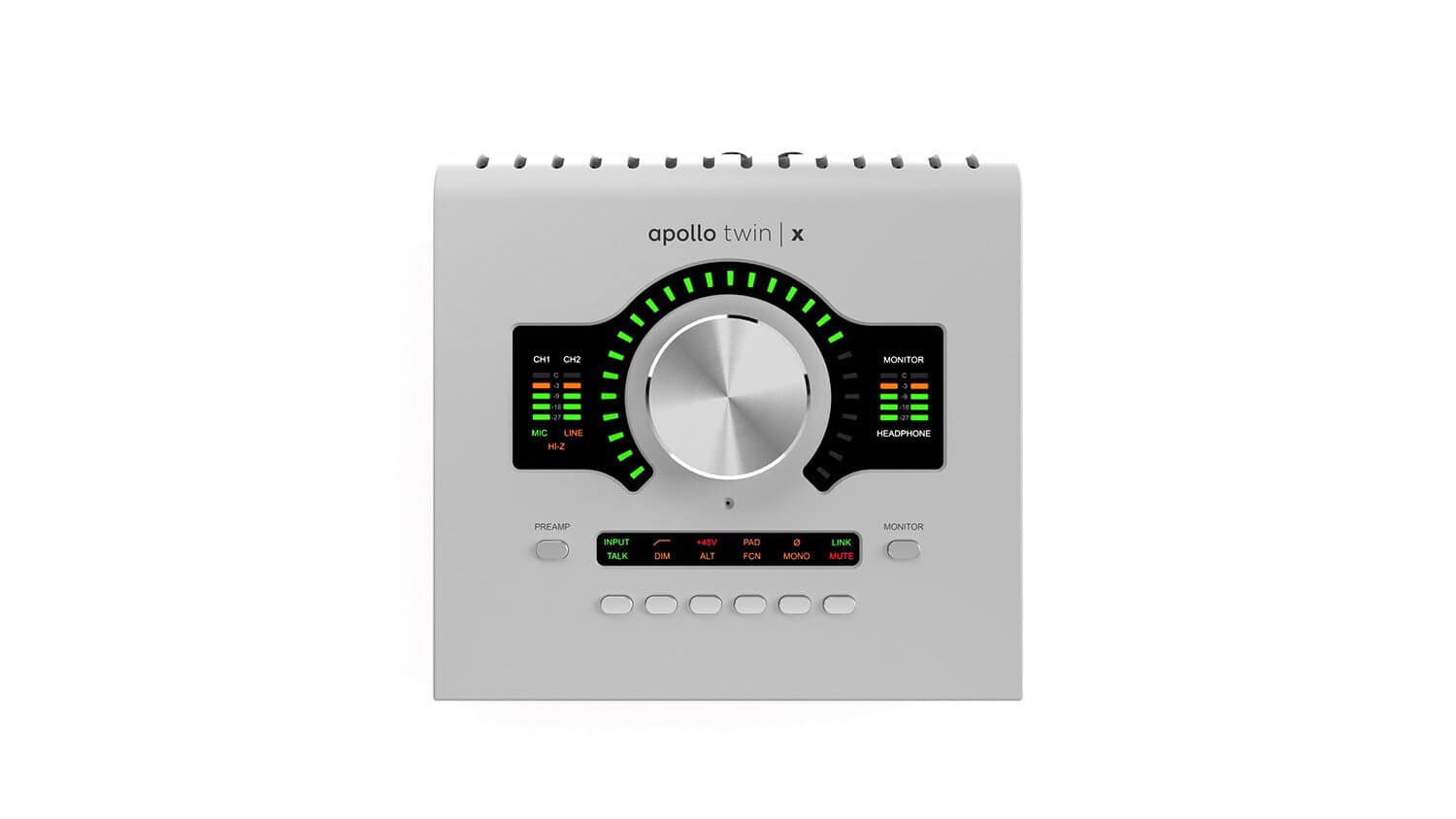 Universal Audio Apollo Twin X QUAD Gen 2 top shot with metering and controls with grey enclosure