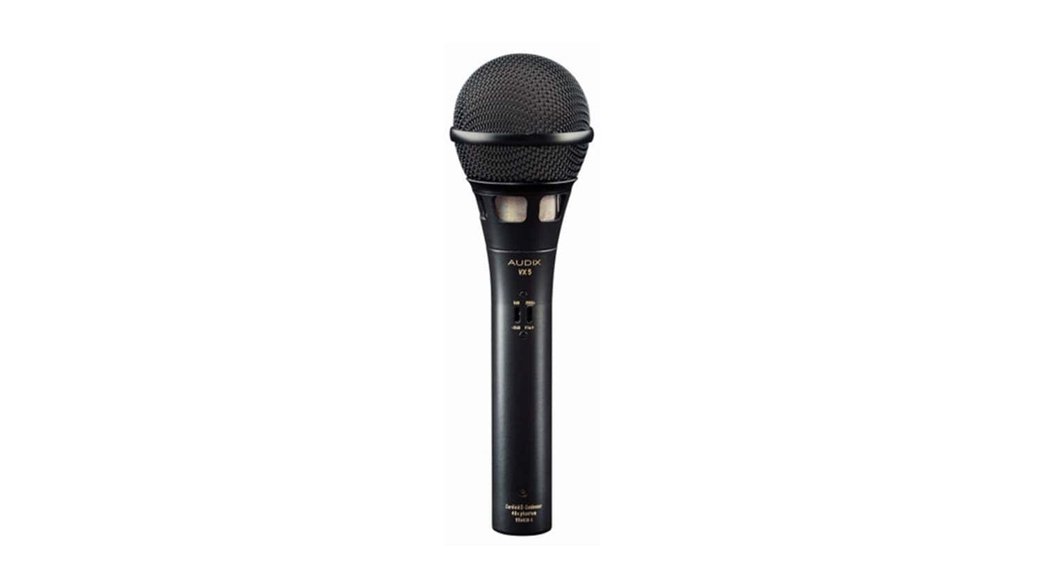 Audix VX5 profile shot with black grille, housing, and switches