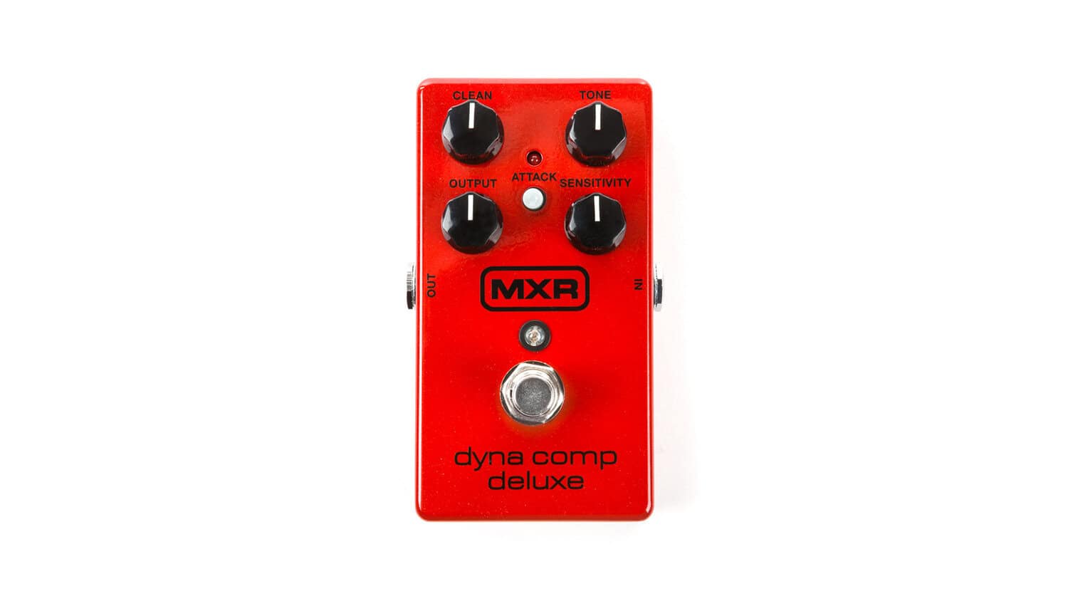 MXR M228 Dyna Comp Deluxe front shot with red enclosure, black control knobs and MXR text