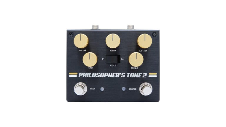 Pigtronix Philosopher’s Tone 2 front shot with dual footswitches and yellow control knobs