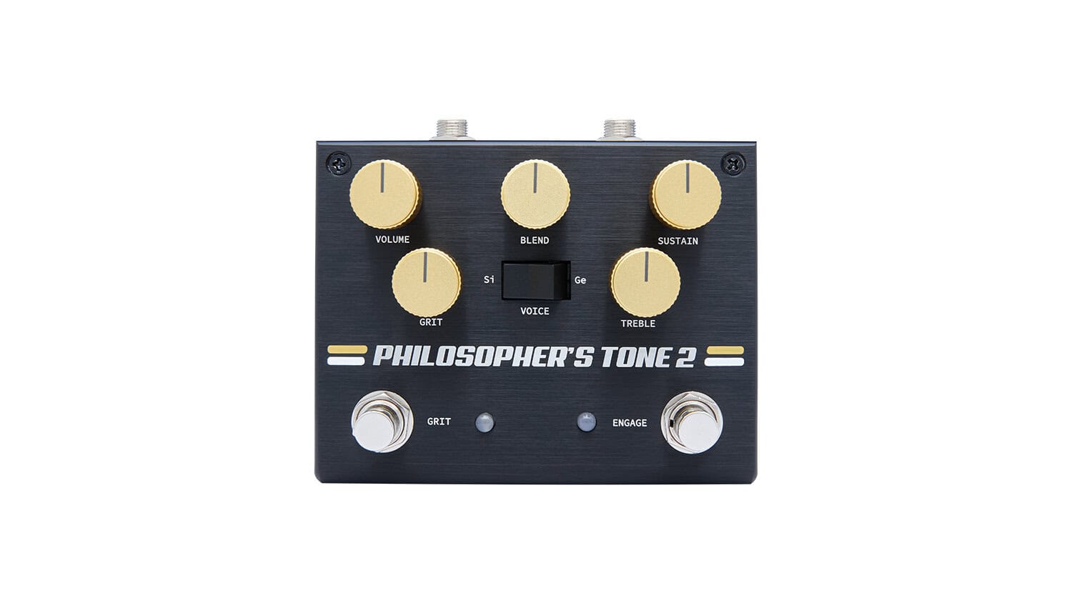 Pigtronix Philosopher’s Tone 2 front shot with dual footswitches and yellow control knobs