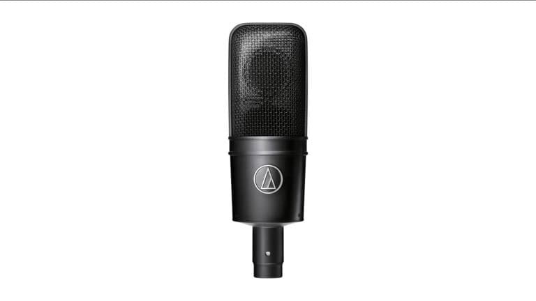 audio-technica at4040 front shot with black enclosure comma black grill comma and audio technica logo