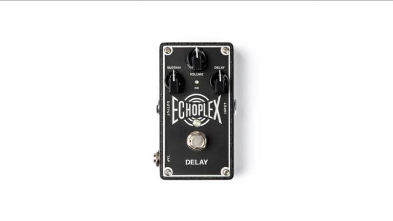 dunlop ep103 echoplex top shot with black enclosure, 3 black control knobs, graphics, and foot switch