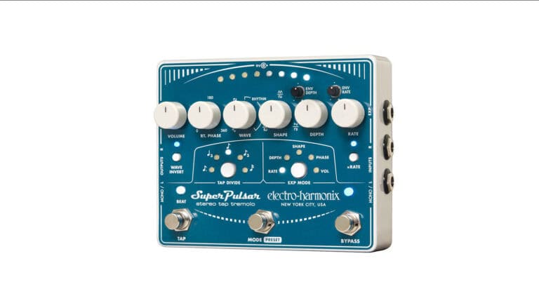 electro-harmonix super pulsar angled front shot with blue face plate, row of white control knobs, and three foot switches