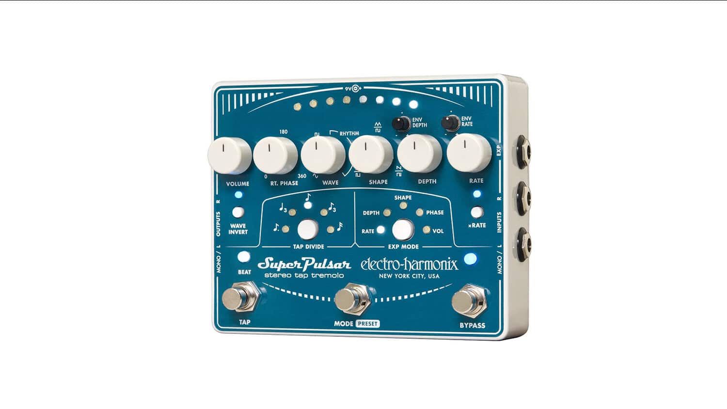 electro-harmonix super pulsar angled front shot with blue face plate, row of white control knobs, and three foot switches