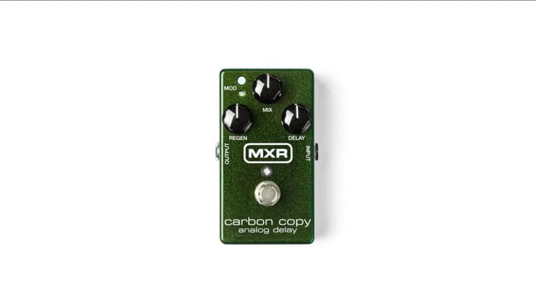mxr m169 carbon copy top shot with green enclosure, black control knobs, and foot switch