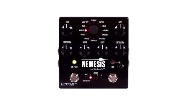 source audio sa260 nemesis top shot with black enclosure, complex control set, and dual foot switches