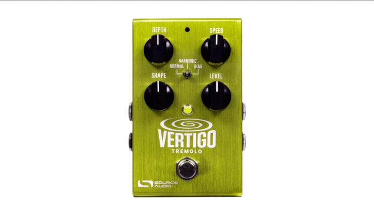 source audio vertigo Topshop with green enclosure, 4 black control knobs, and source audio graphics
