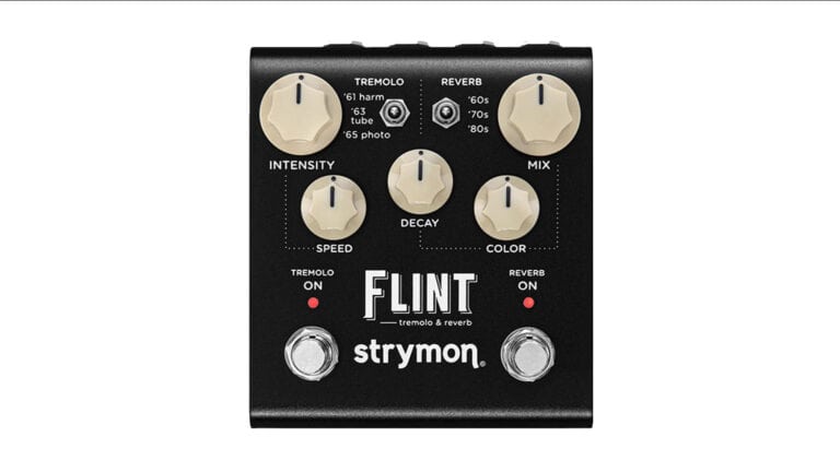 strymon flint v2 top shot with black enclosure, white control knobs, and dual footswitches