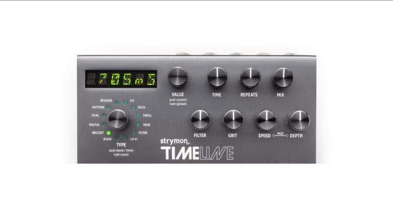 strymon timeline top shot with rectangular gray enclosure comma complex control set comma and LCD screen