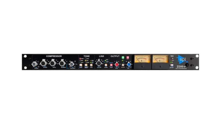 API 2500+ Stereo Bus Compressor front shot with black enclosure and control knobs, and VU metering