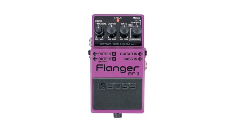 BOSS BF-3 front shot with purple enclosure, black control knobs, and BOSS text
