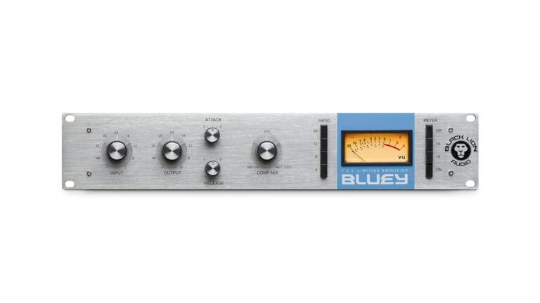 Black Lion Audio Bluey front shot with silver enclosure and blue stripe over VU meter