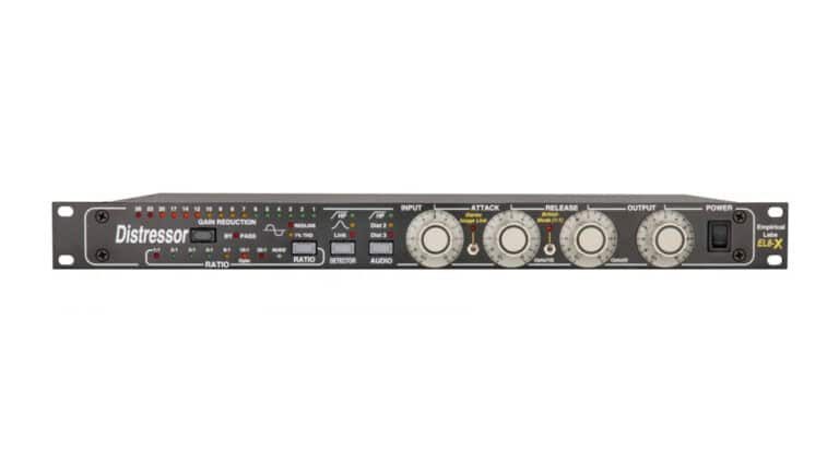 Empirical Labs EL8X Distressor front shot with black enclosure and white control knobs