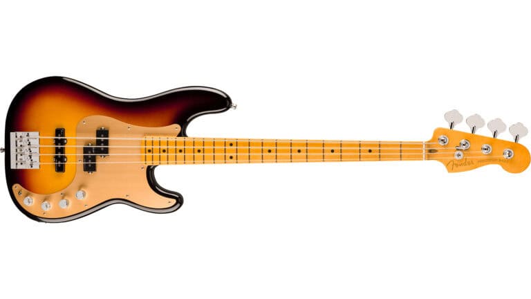 Fender American Ultra II Precision Bass front shot with sunburst finish and maple neck