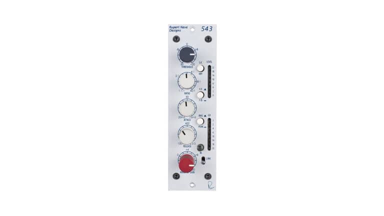 Rupert Neve Designs Portico 543 front shot with white faceplate and blue, white, and red control knobs