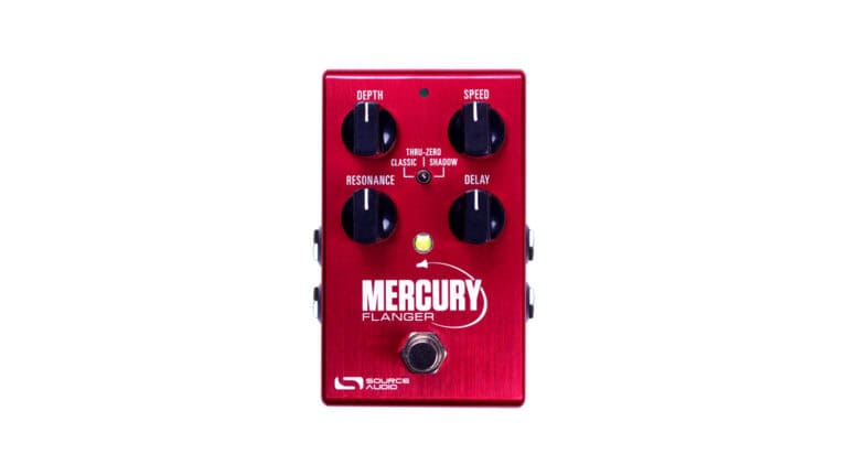 Source Audio Mercury front shot with red enclosure and black control knobs