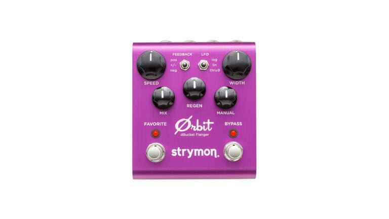 Strymon Orbit dBucket Flanger front shot with purple enclosure, black control knobs, and dual footswitches
