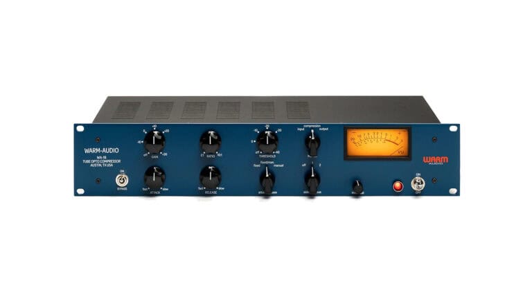 Warm Audio WA-1B front shot with blue faceplate, black control knobs, and VU meter